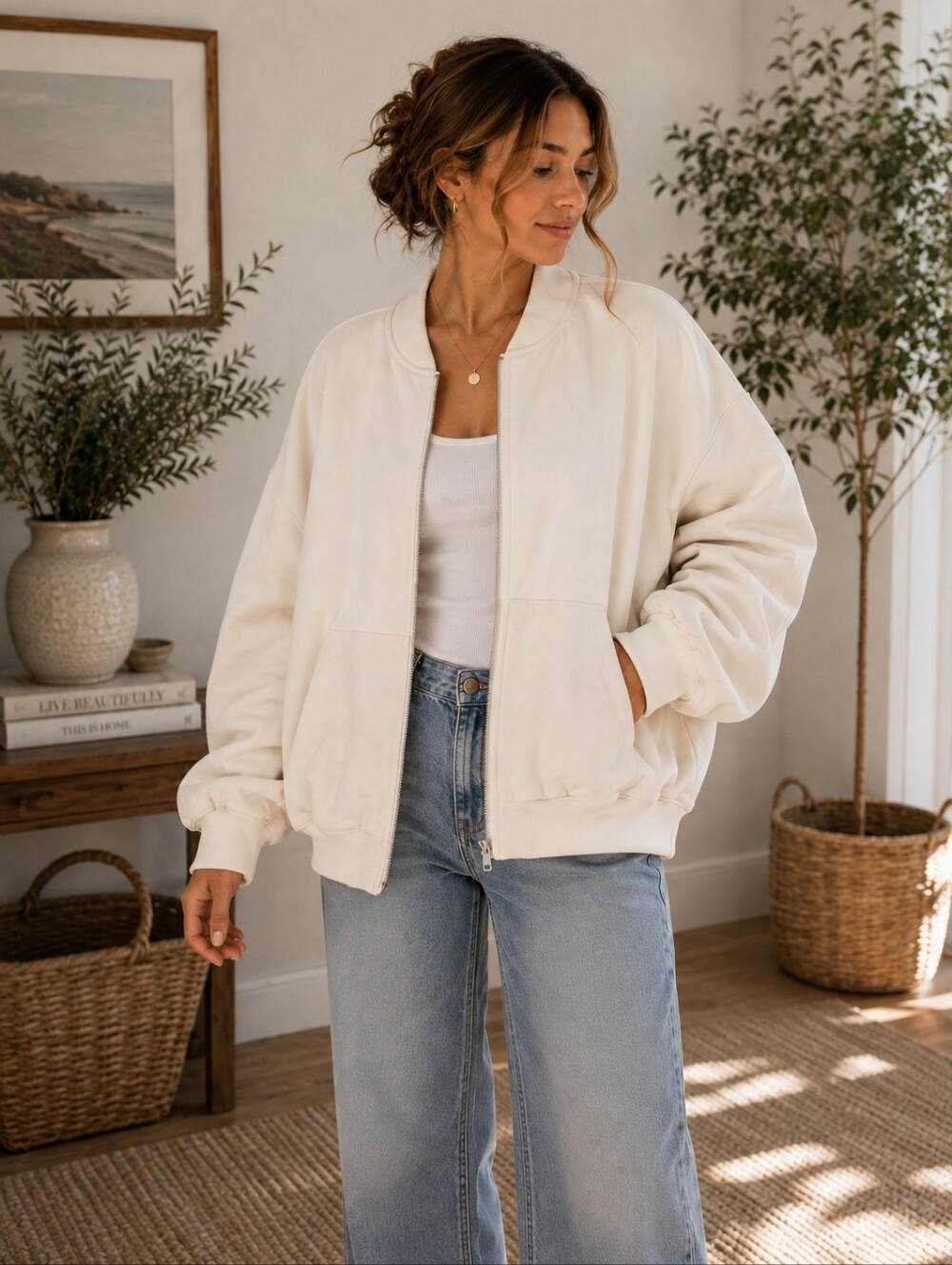 NWT Universal Thread Leisure Studio Fleece Bomber Jacket - Cream (Size M)